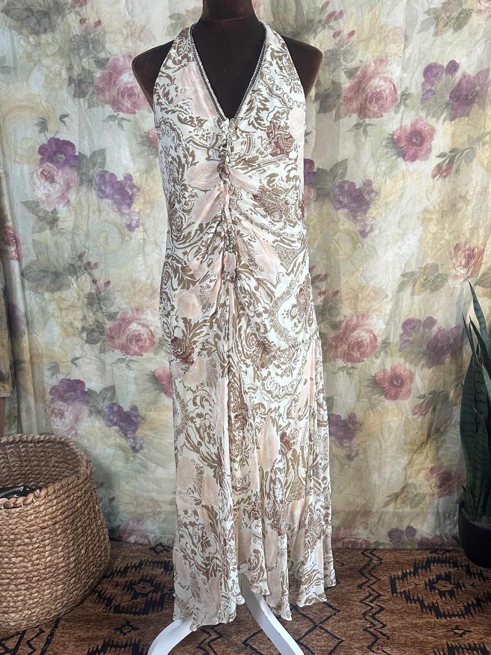 Halter V-Neck Cream and Brown Paisley Maxi Dress